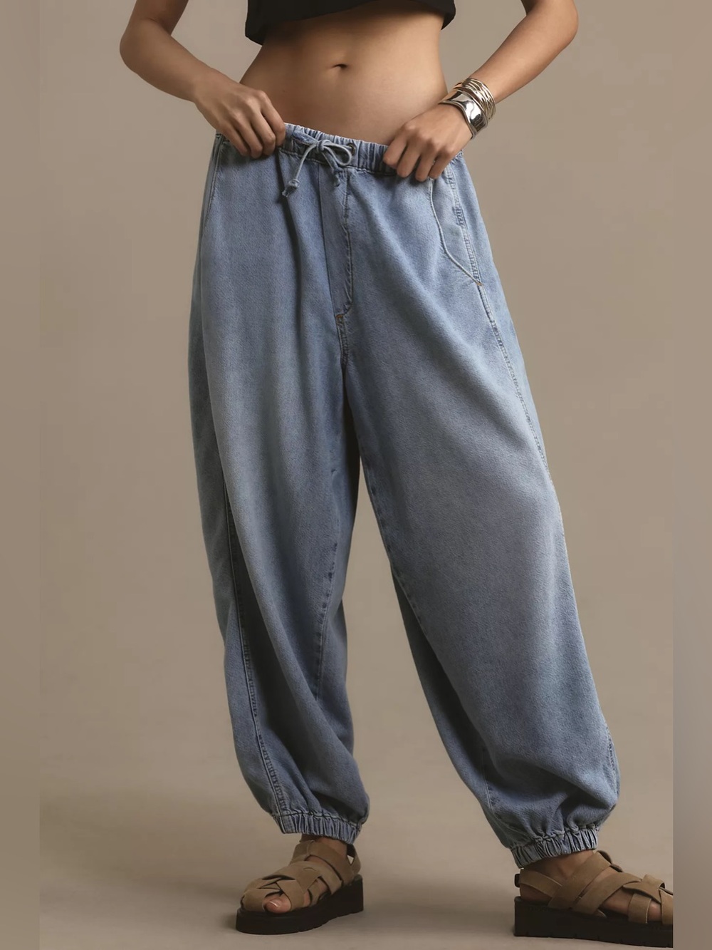 Pilcro Relaxed Drawstring Denim Jogger Pants - Light Blue